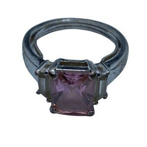 Pretty Size 8-9 Adjustable Silver Tone Ring w/ Pink Rhinestone
